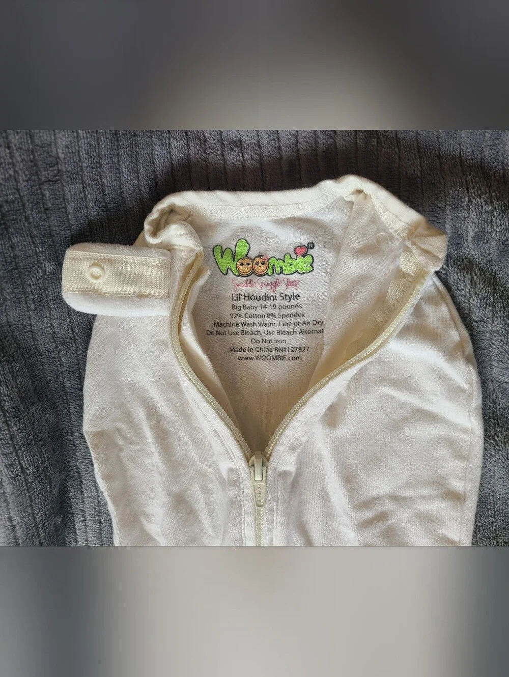 Woombie Lil Houdini white swaddle zip-up sleeper sleep sack wrap 14-19lbs